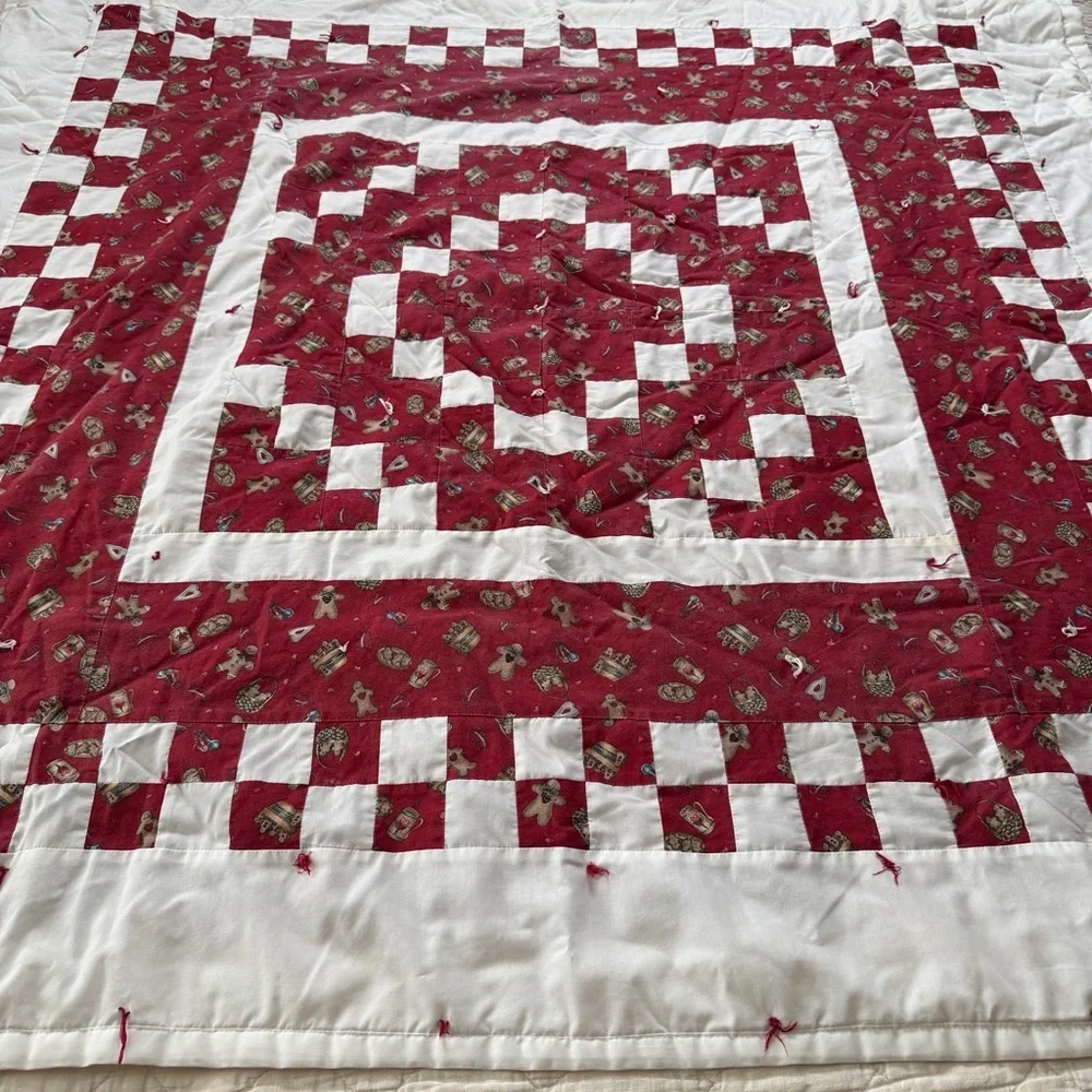 Vintage Handmade Patchwork Quilt – Red & White – 50” x 50” – Hand-Tied